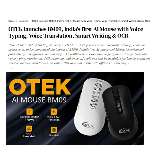 Otek World AI Mouse, showcasing its sleek, ergonomic design, hinting at advanced functionality