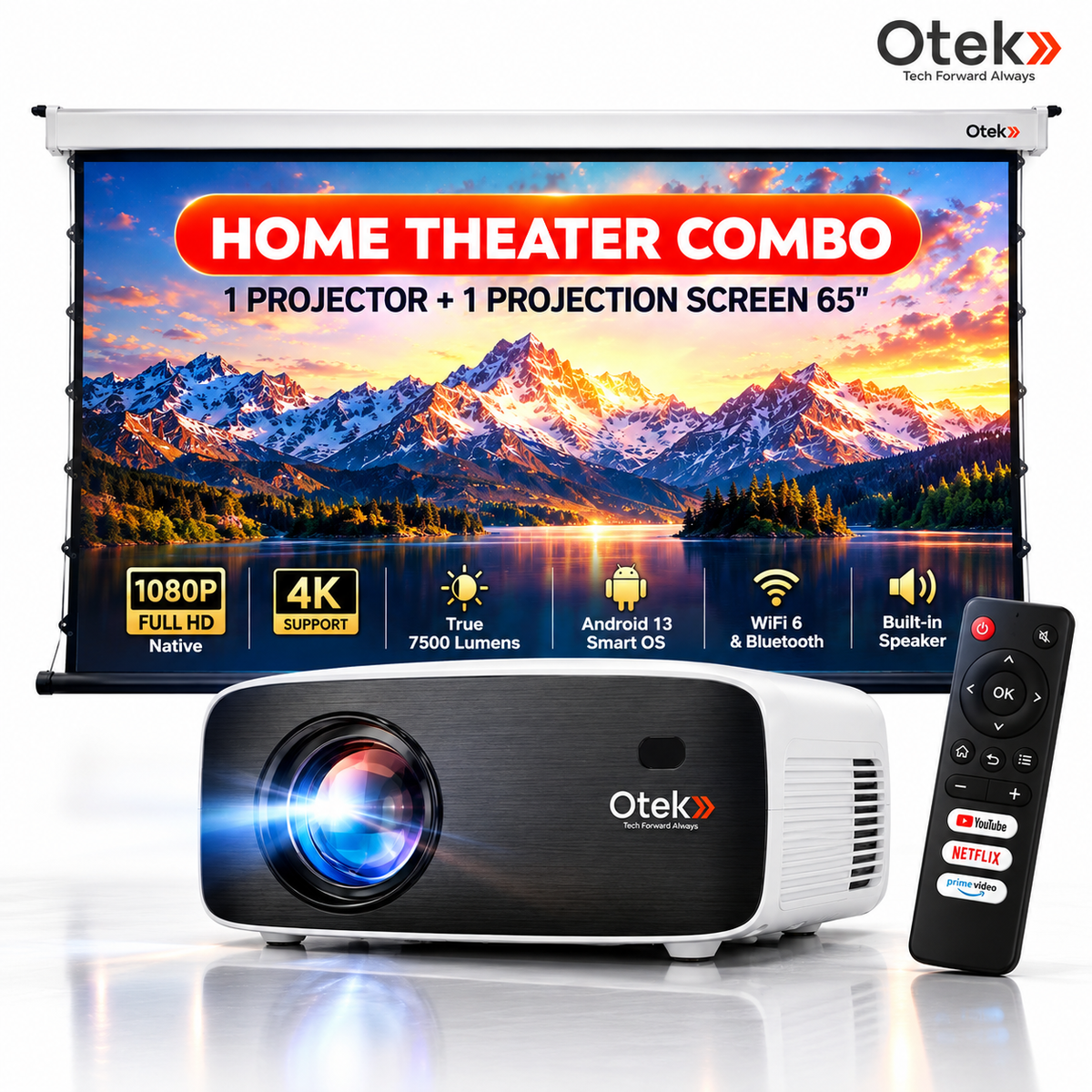 OTEK Projector + Screen Combo | Epic Native 1080P FHD Projector + CineCast 65" Motorised ALR Projection Screen | 4K Support,HDMI, Bluetooth 5.4, Built-in Speaker