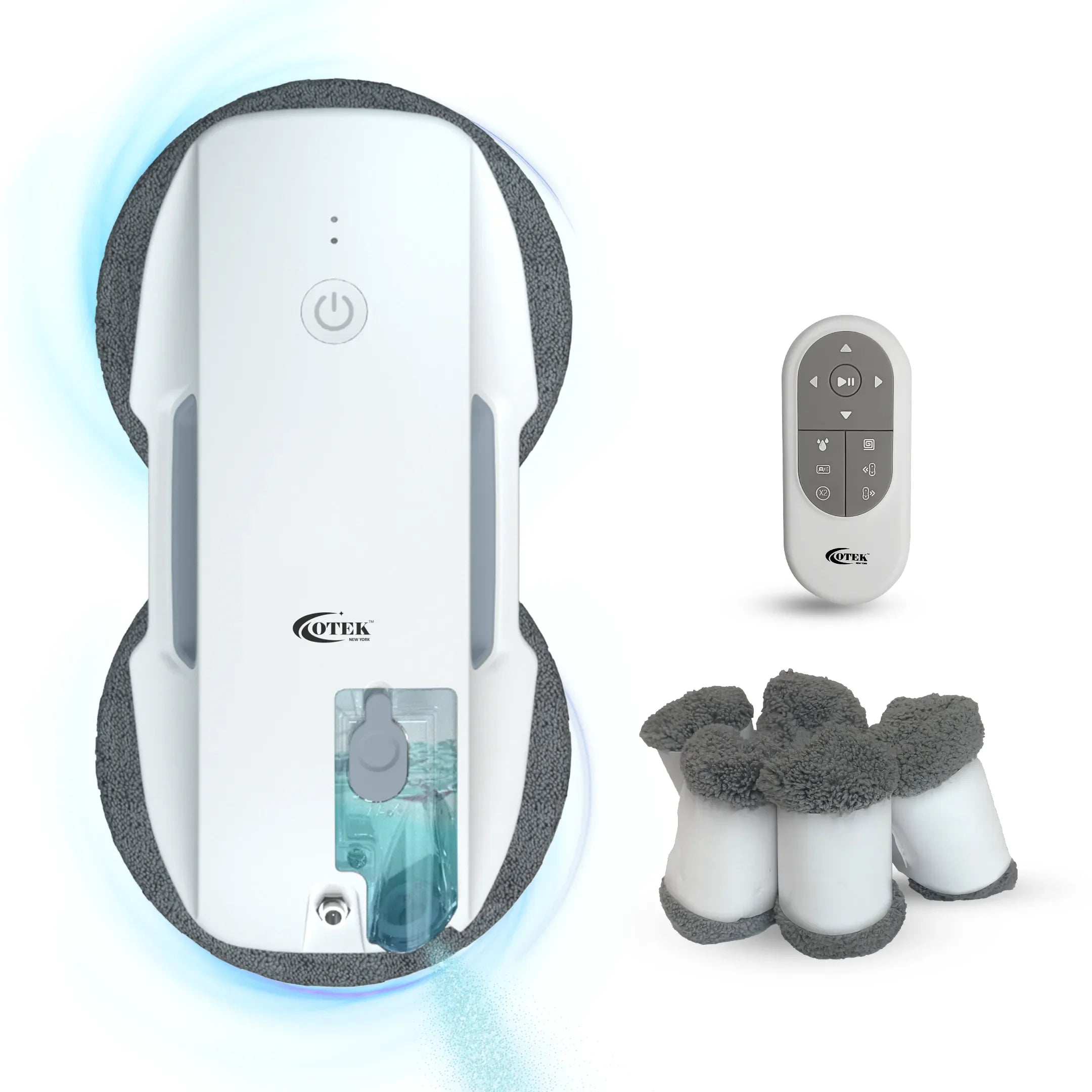 White window cleaning robot with remote control and microfiber cleaning pads on white background