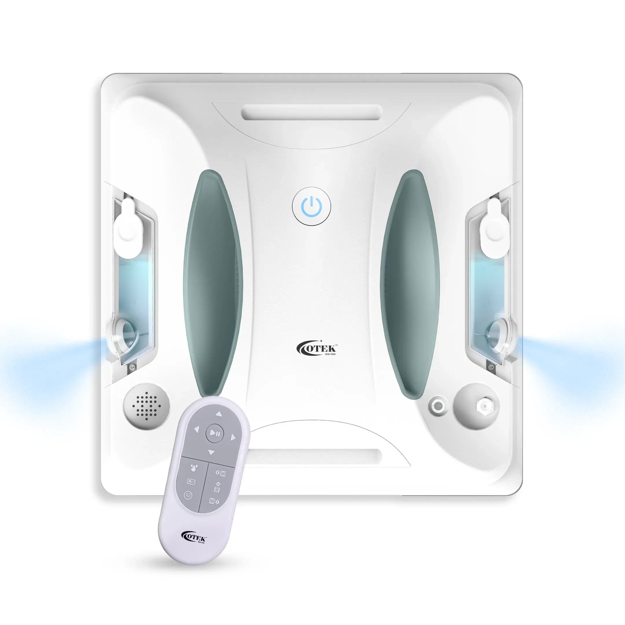Smart window cleaning robot with remote control, mist spray, and touch button features.