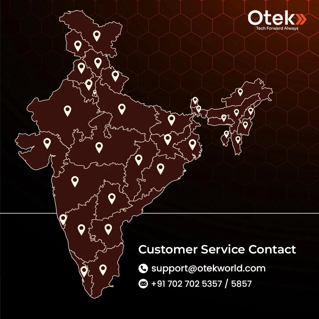 India map with location markers, customer service email and phone for tech electronics support