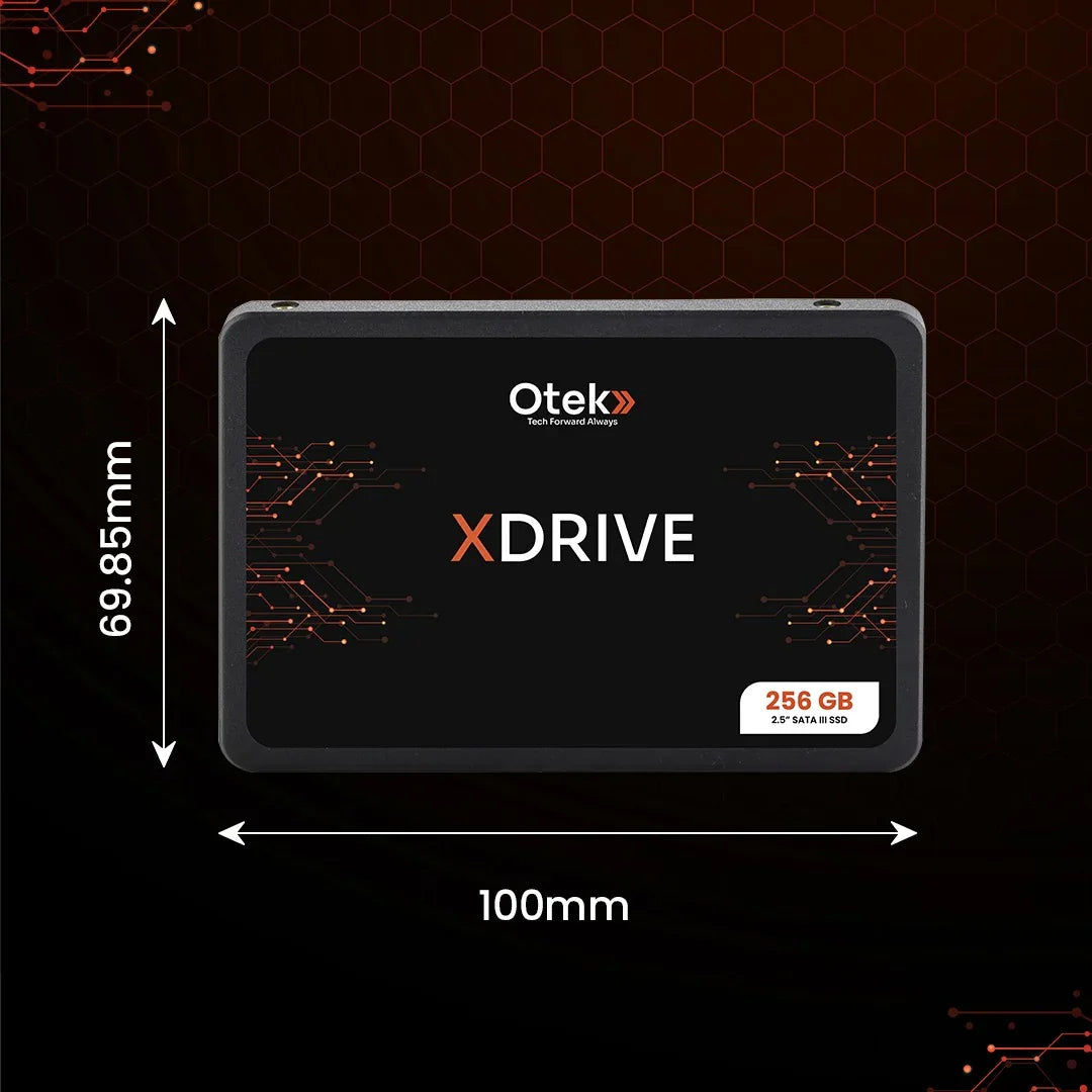 2.5 inch SATA III SSD, 256GB capacity, black XDRIVE solid state drive with size dimensions