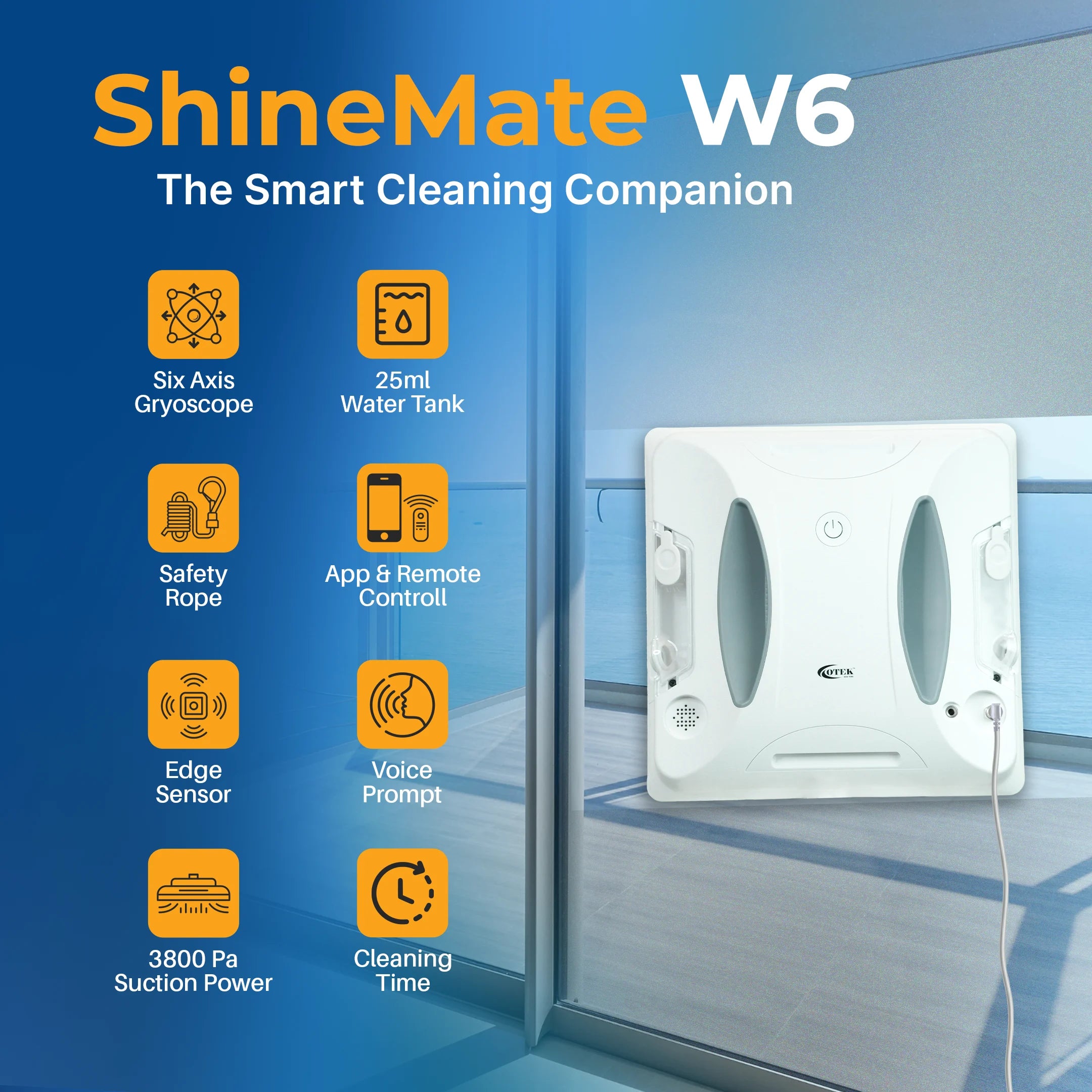 High-performance ShineMate W6 robotic window cleaner with smart navigation technology.