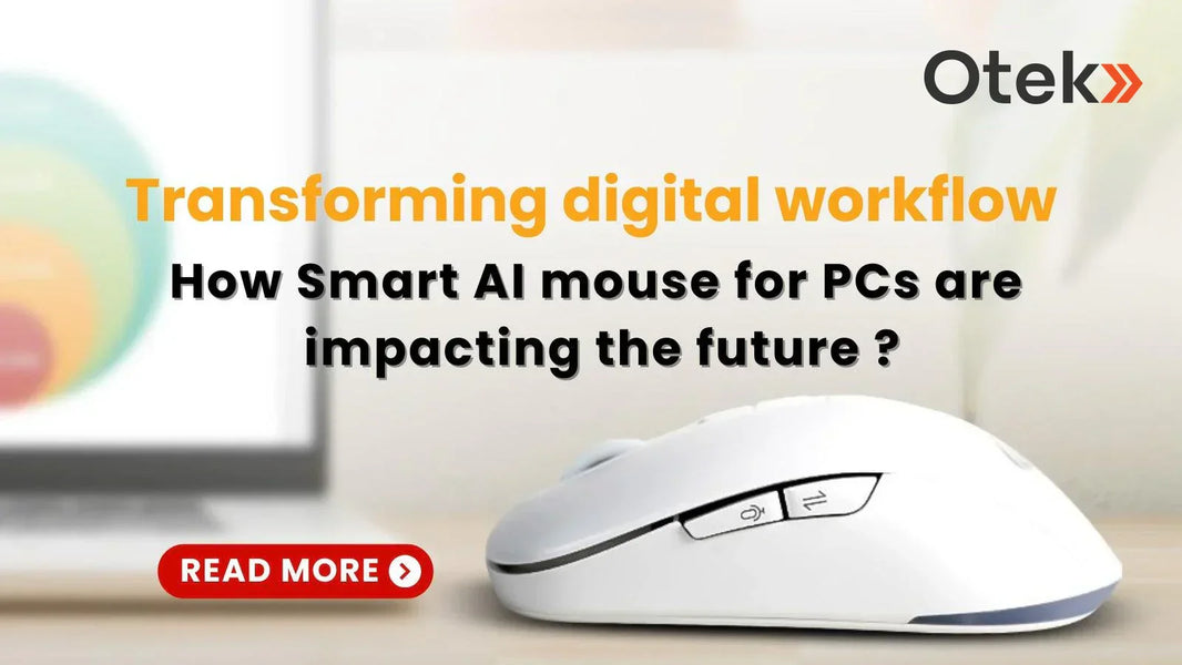 White AI-powered smart mouse for PCs on desk with text about transforming digital workflow