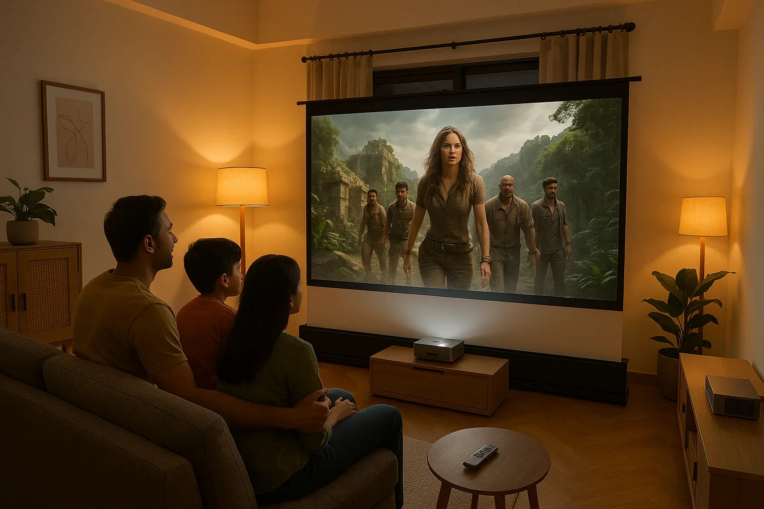 Family watching movie on floor-rising projection screen in modern apartment living room