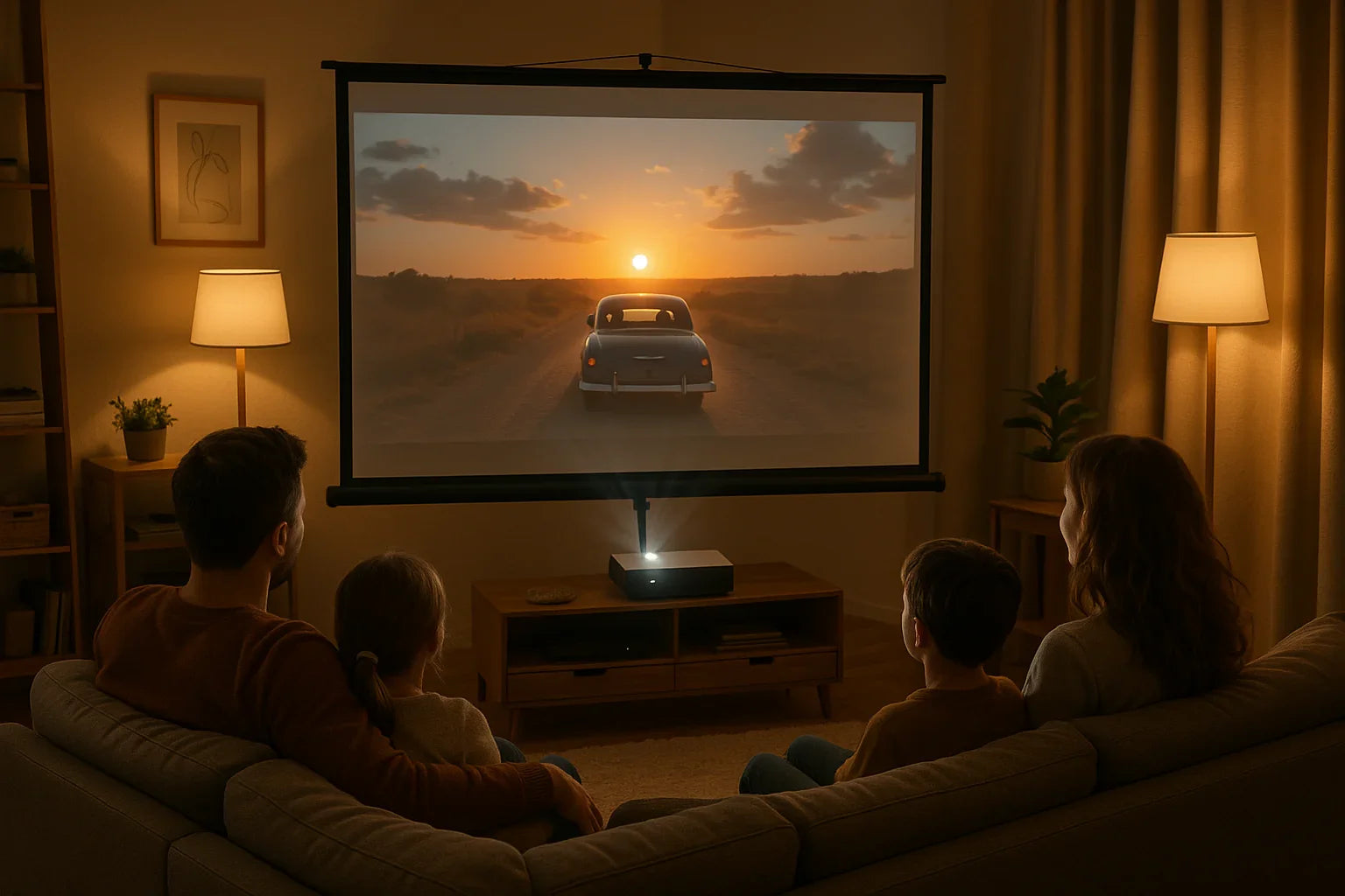 Family watching movie on home theater projector screen in cozy living room