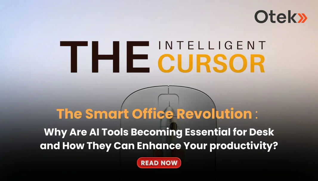 Intelligent AI mouse on gradient background with text about smart office productivity and AI tools.