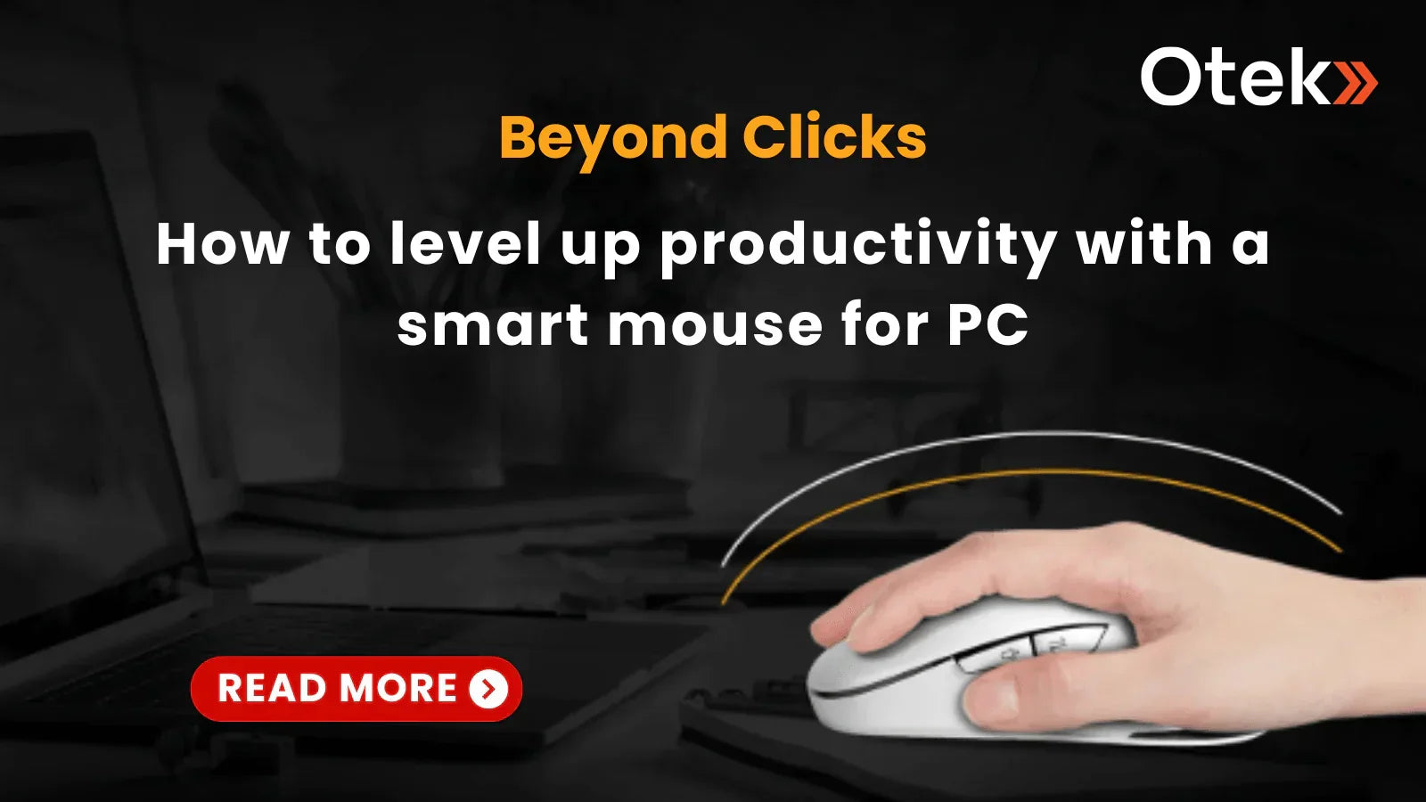 Hand using smart wireless mouse for PC on desk with productivity focus, text overlay about leveling up productivity.