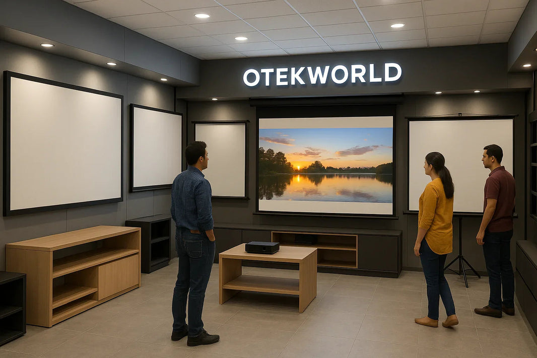 Modern showroom with people viewing various projection screens and a projector display