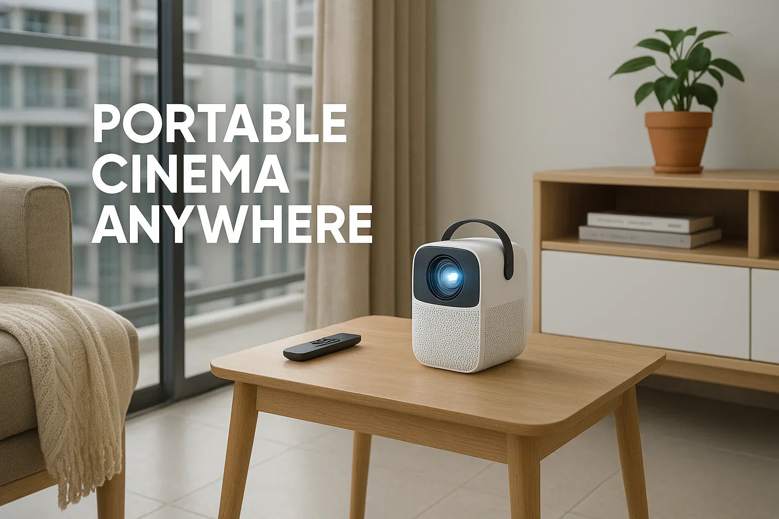 Portable projector on a table in a modern living room, remote control beside it