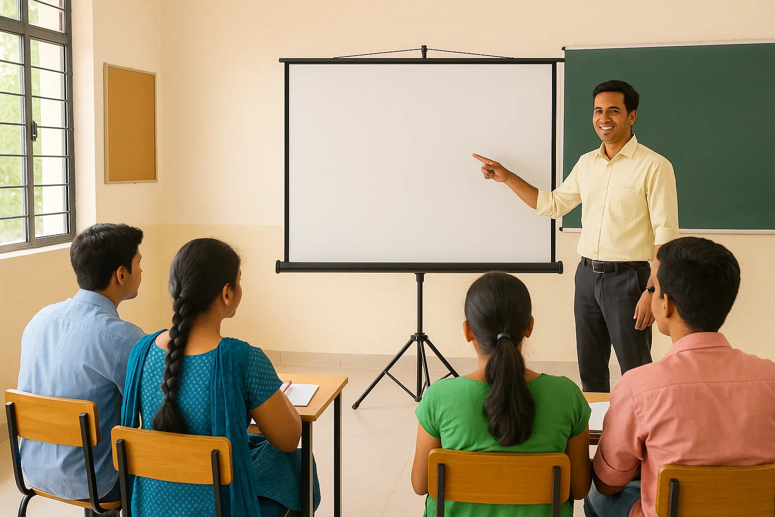 Teacher presenting on portable projection screen in classroom to students