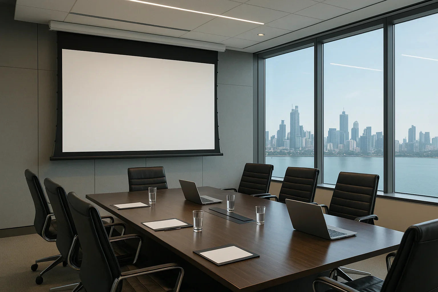 Motorized projection screen in modern office conference room with city skyline view