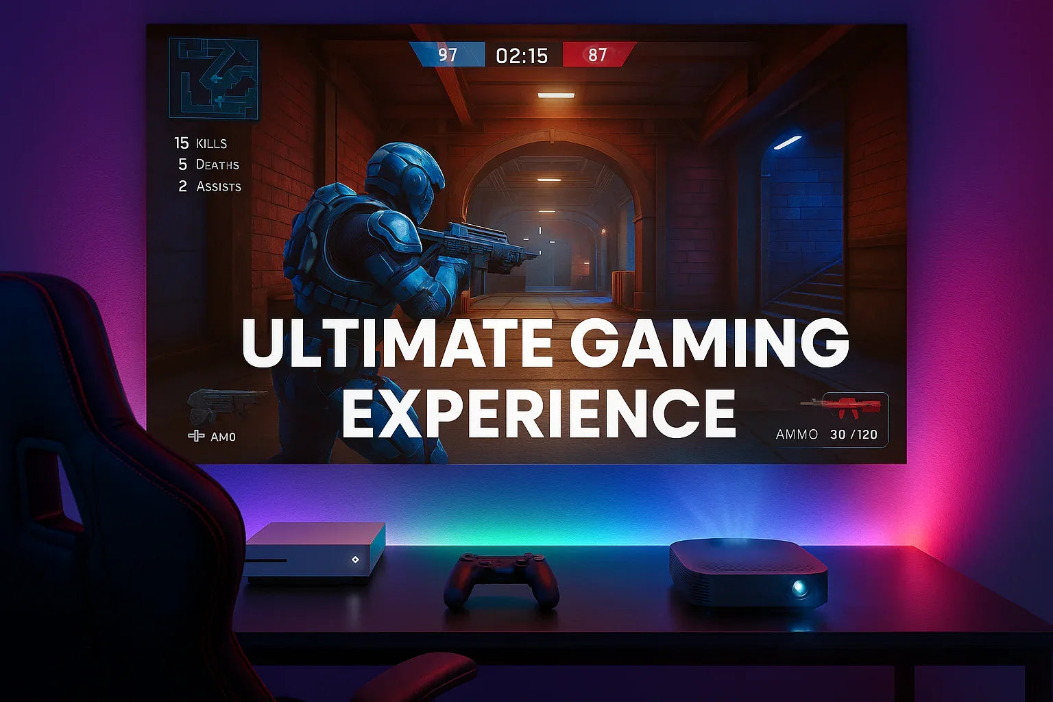 Gaming setup with projector, console, controller, and FPS game on large screen
