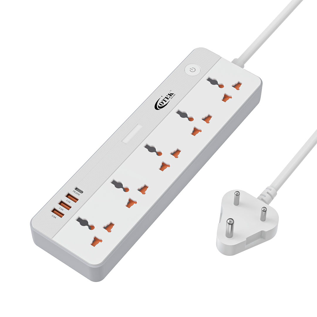 Otek World VoltSafe 531 extension board, showing its 5 AC outlets and a 2-meter long cord, ideal for both office and home appliances