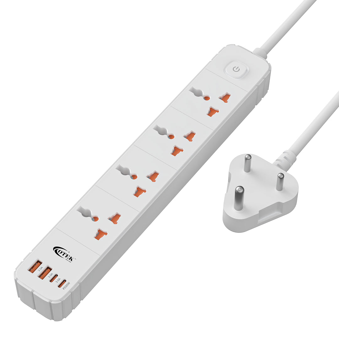 Otek VoltSafe 422 extension board with 4 AC outlets, 2 USB-A ports, and 2 Type-C ports, showcasing its compact design and 2-meter cord