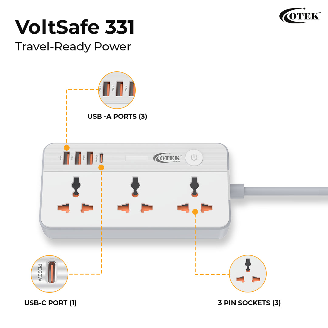 Close-up of the Otek World VoltSafe 331, highlighting its three power outlets and the durable multi-plug design