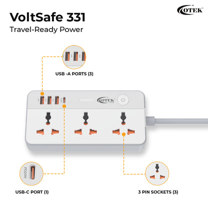 Close-up of the Otek World VoltSafe 331, highlighting its three power outlets and the durable multi-plug design