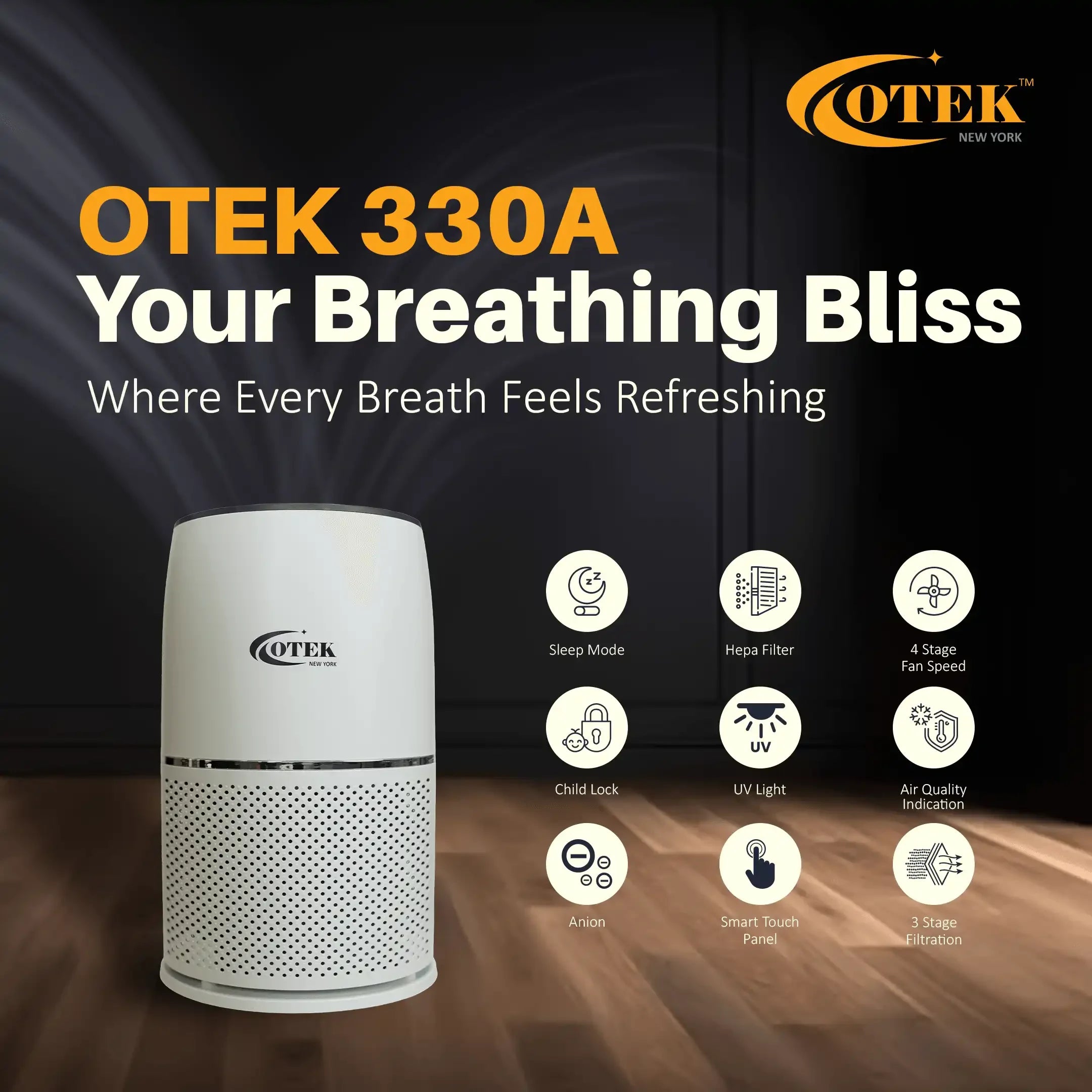 Otek World 330A Air Purifier for home, shown with its UV light and ionizer activated
