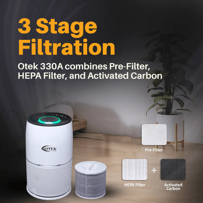 Close-up of the Otek World 330A Air Purifier, highlighting its sleek design and control panel
