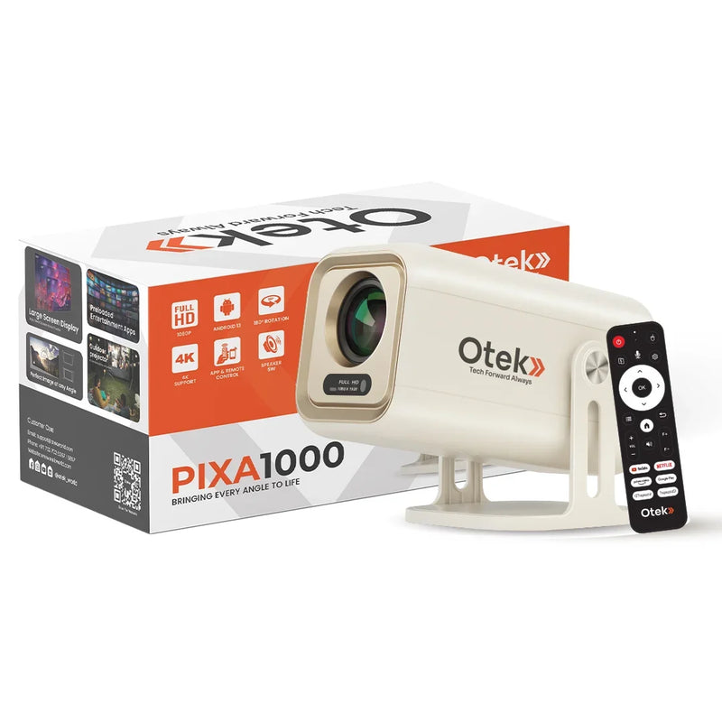 4K full HD home projector with remote and box, featuring Otek branding and Android OS.