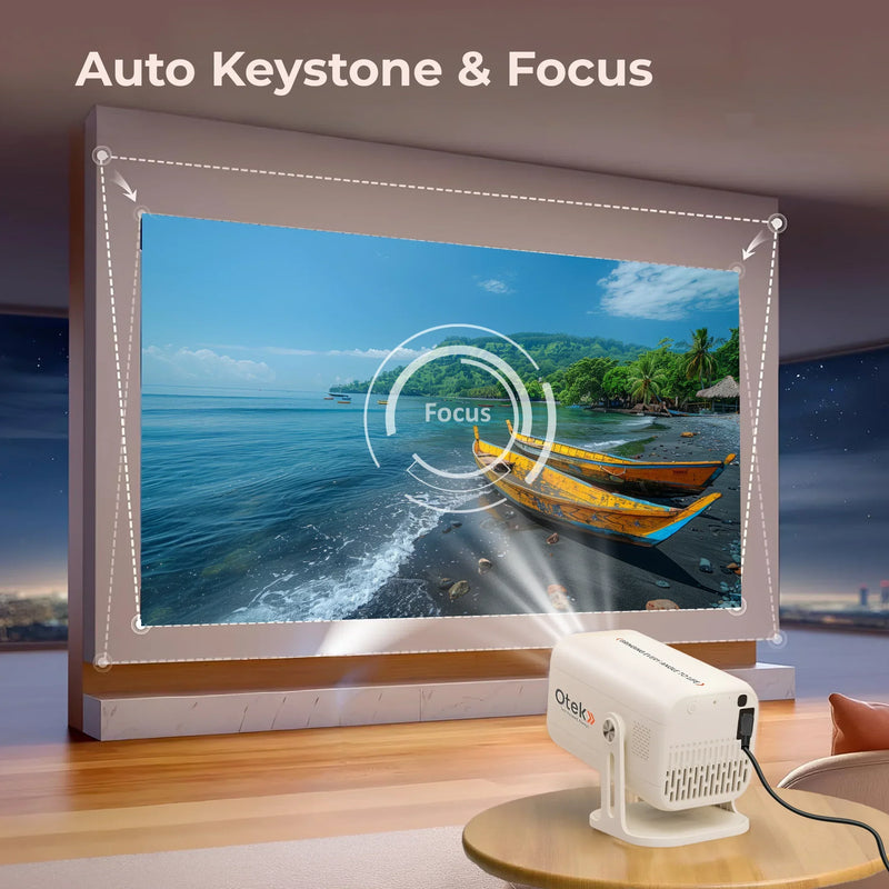 Smart projector with auto keystone and focus projecting vivid image on a screen indoors