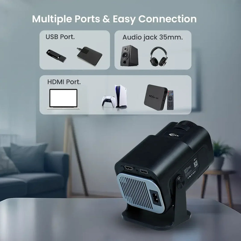 Compact projector with multiple ports including USB, HDMI, and 3.5mm audio jack in modern living room