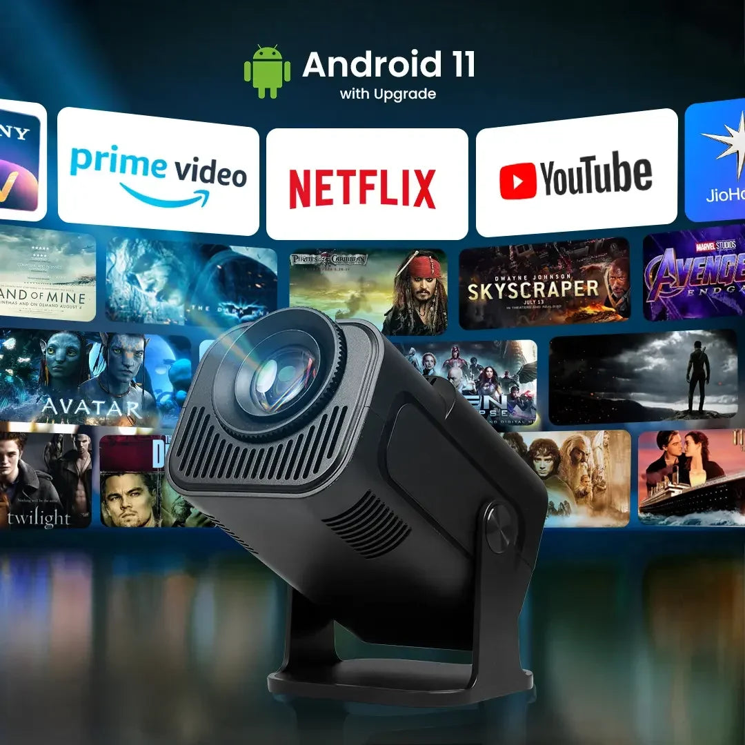 Smart projector with Android 11, streaming Netflix, YouTube, Prime Video and movie apps.