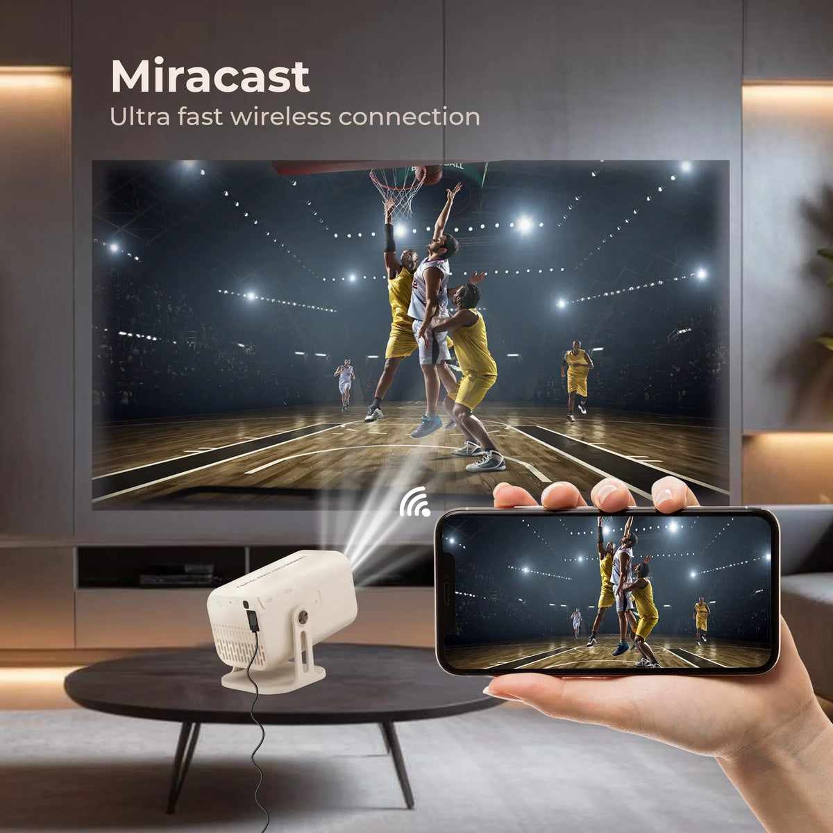 Wireless projector streaming basketball game from smartphone to TV in modern living room