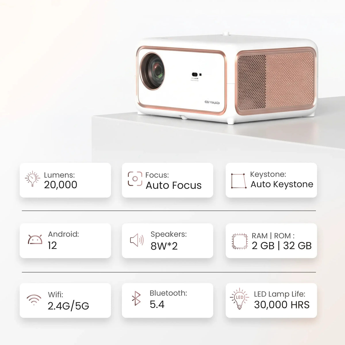 Smart white projector with auto focus, 20000 lumens, Android 12, dual speakers, and WiFi