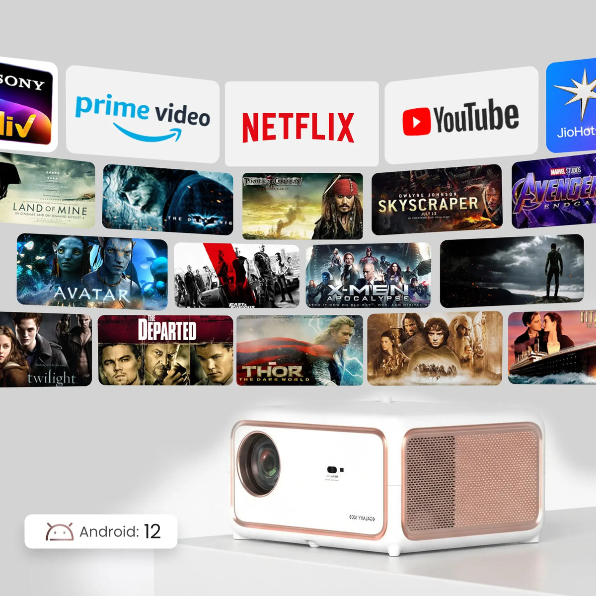 Smart projector displaying streaming apps and movie covers, powered by Android 12.