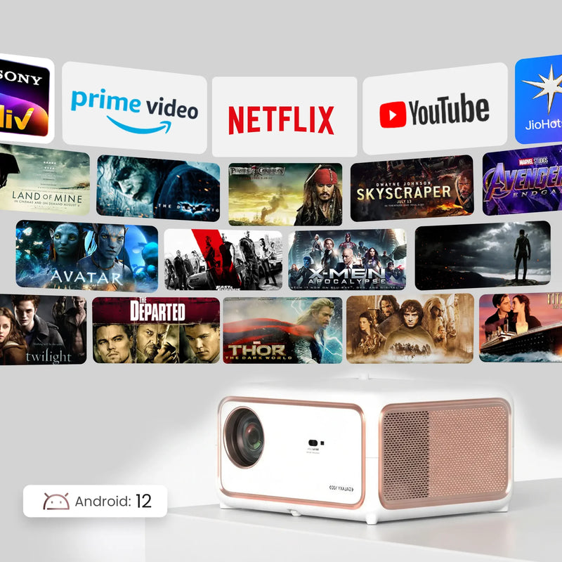 Smart projector displaying streaming apps and movie covers, powered by Android 12.
