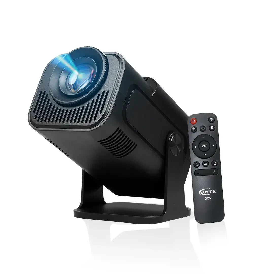 Sleek black portable projector with lens shining blue light, shown with remote control on white background