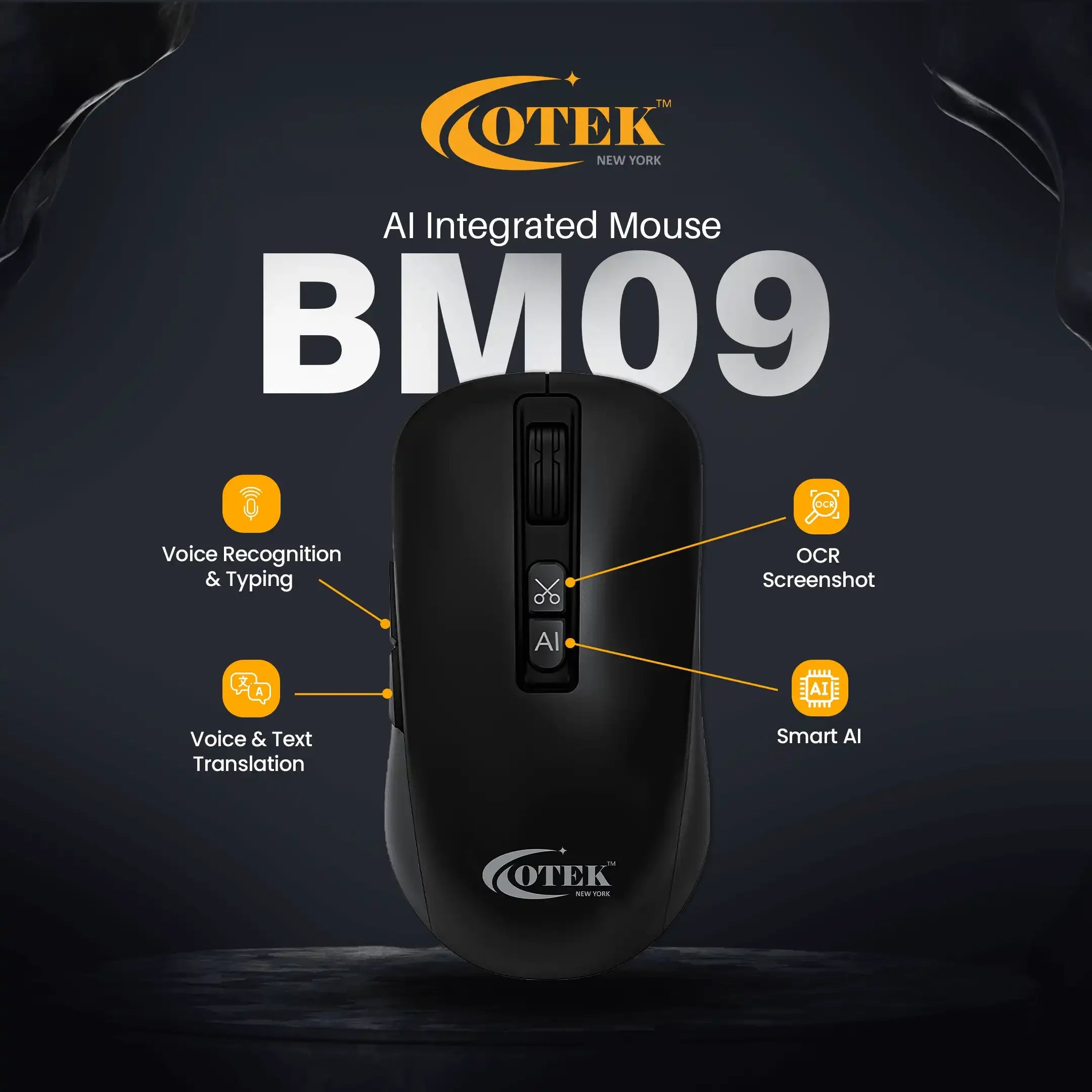 BM09 AI Mouse by Otek World featuring voice recognition, typing, and OCR screenshot capabilities.