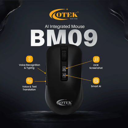 BM09 AI Mouse by Otek World featuring voice recognition, typing, and OCR screenshot capabilities.