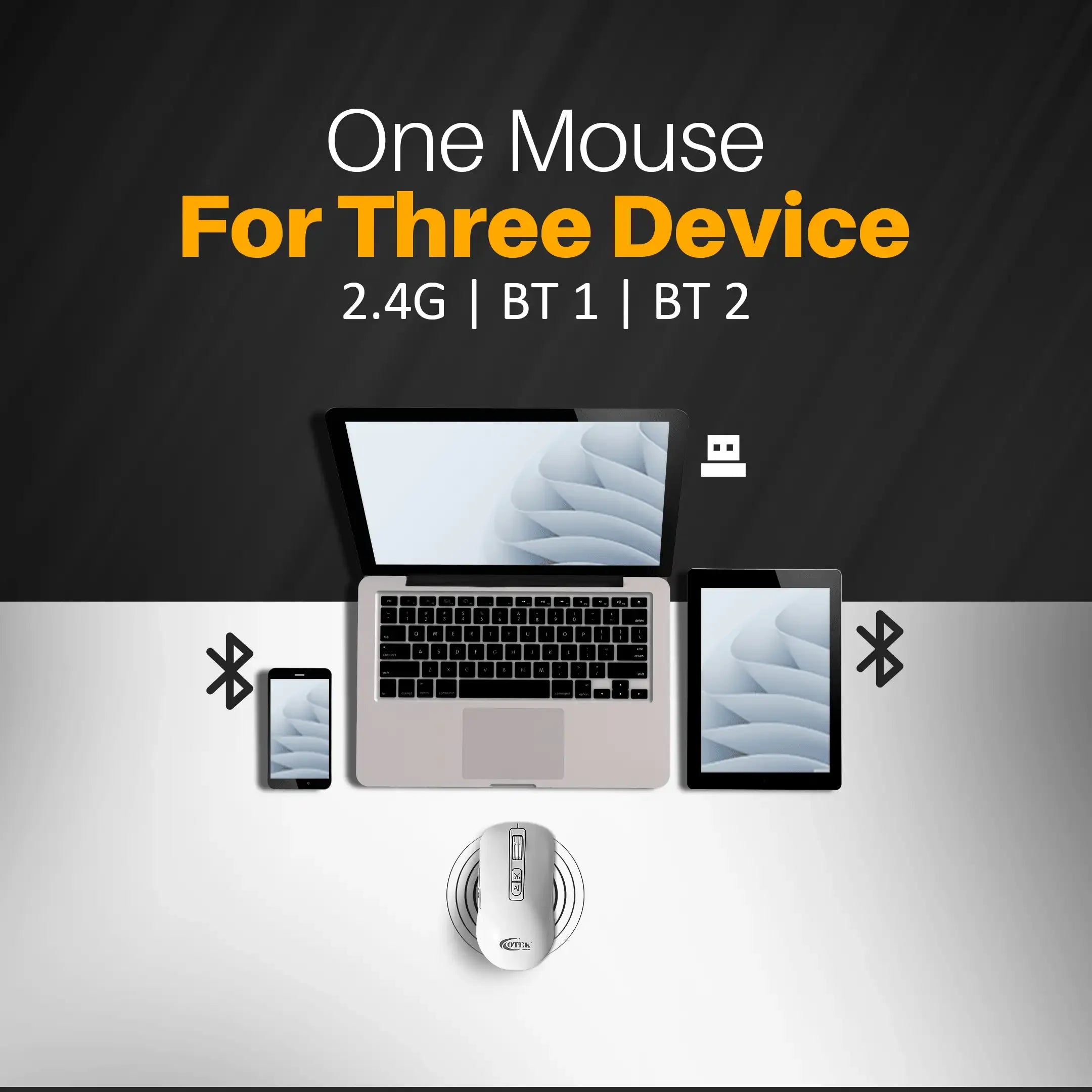 Otek World white AI Mouse BM09 with adjustable DPI and multi-device connectivity for Windows and macOS.
