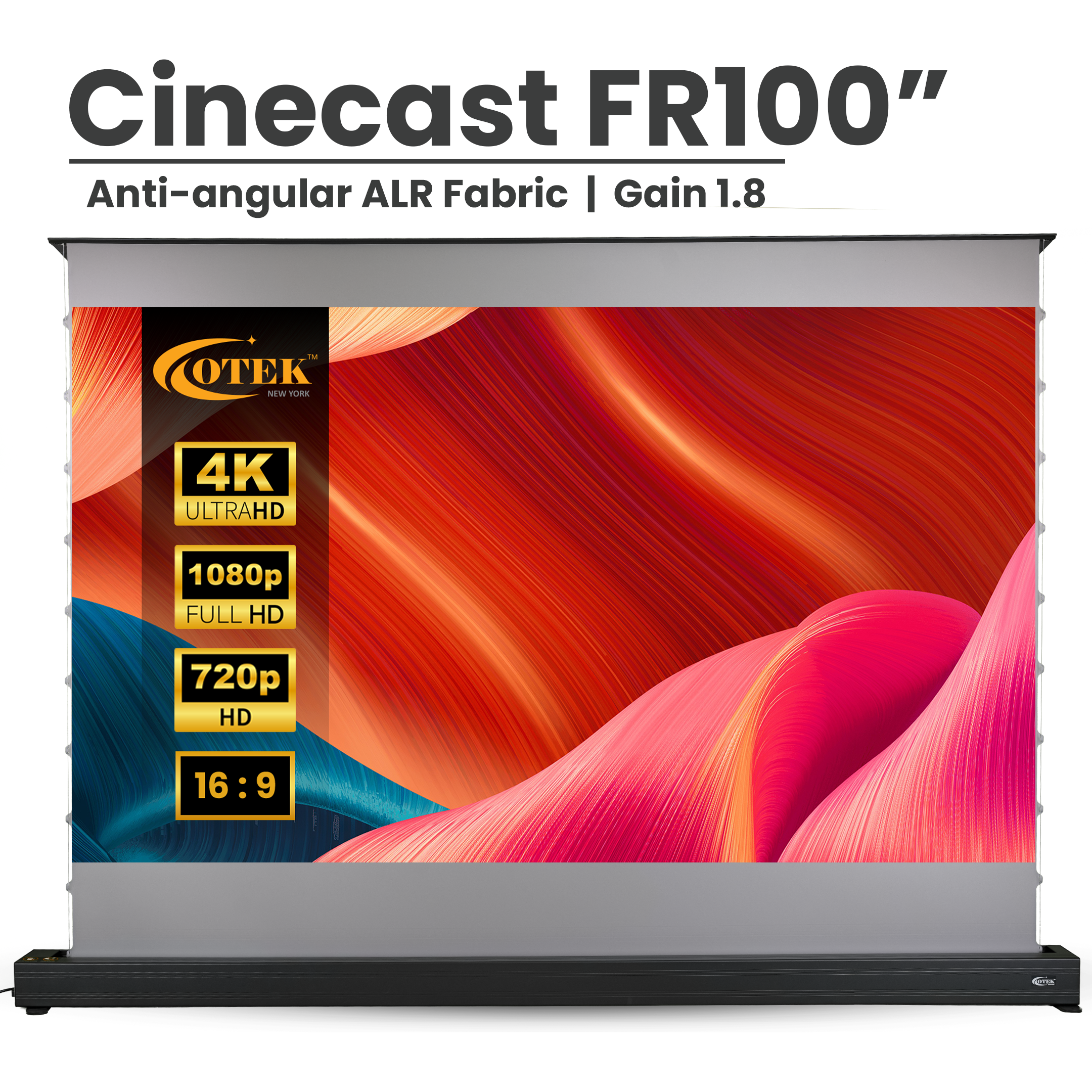 Otek World CineCast Floor Rising FR100 projector screen with 100-inch 16:9 aspect ratio for home theaters.