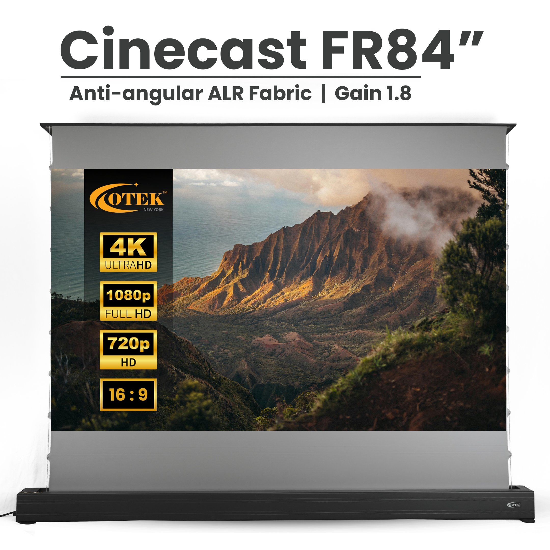 Otek World CineCast Floor Rising FR84 projector screen with 84-inch 16:9 aspect ratio for home theaters.