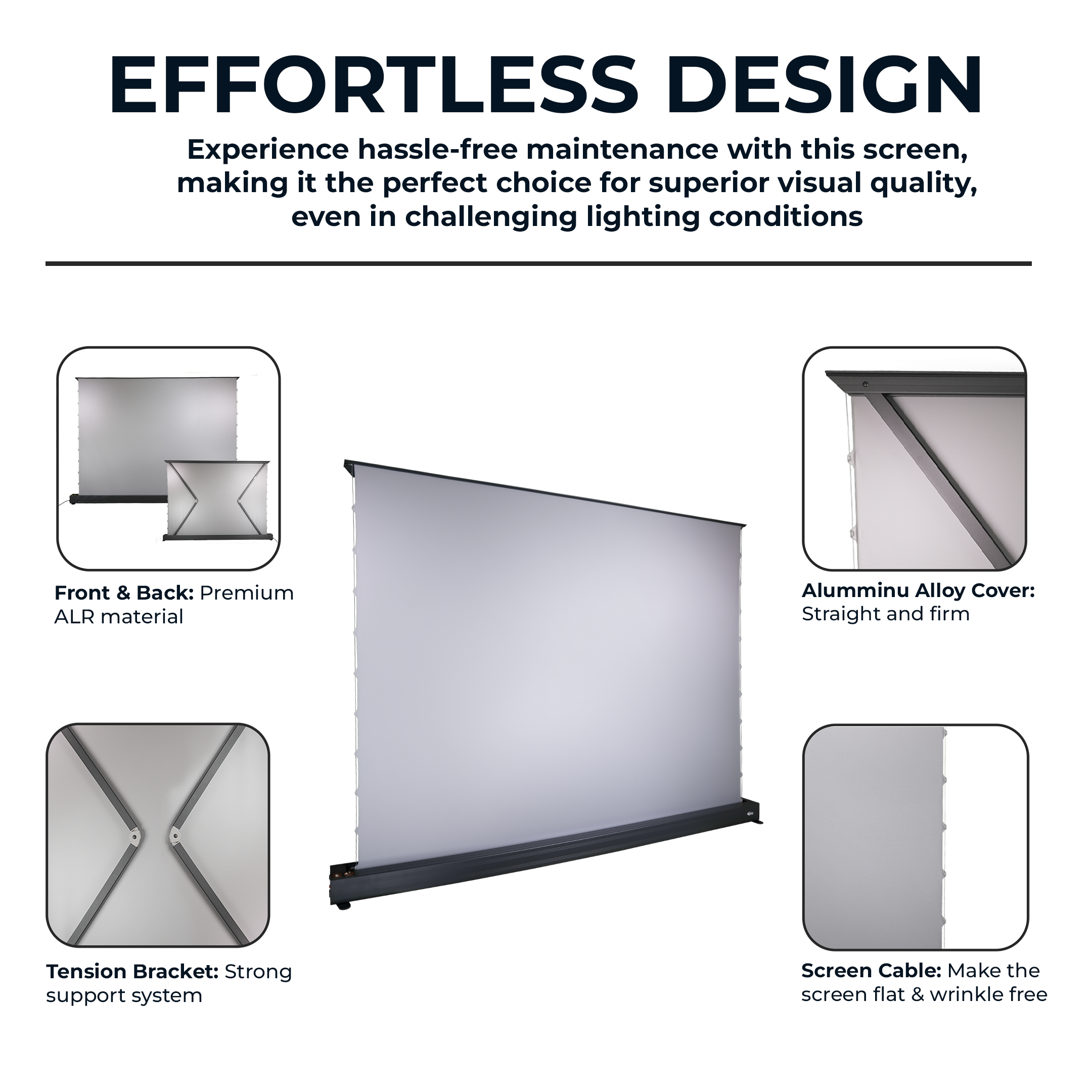 84-inch CineCast projector screen by Otek World with floor mount design and 130W power support.