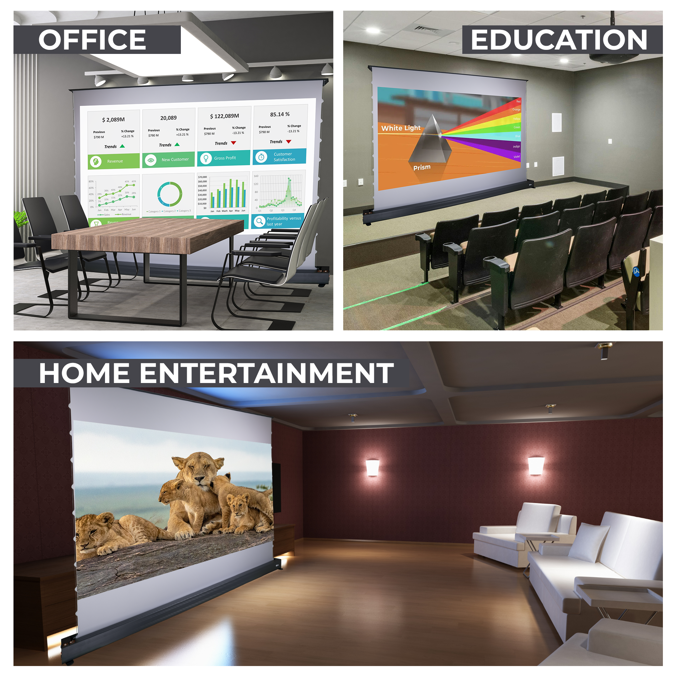 CineCast Floor Rising FR84 screen offering 16:9 format and ALR fabric for exceptional projection clarity.