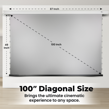 CineCast M100 motorised projector screen featuring silent 25W motor and premium ALR fabric with 1.8 gain.