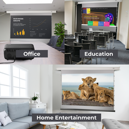 Motorised projector screen M65 with 16:9 aspect ratio and anti-angular ALR technology by Otek World.