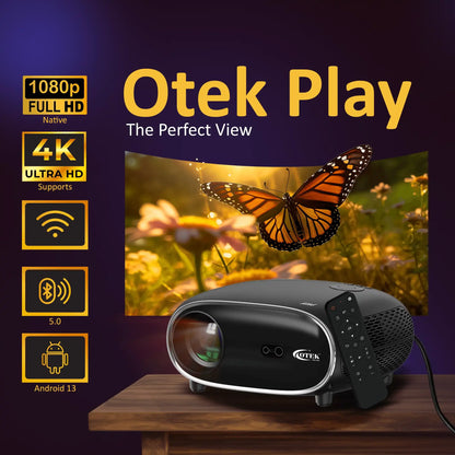 Black Play Smart FHD Projector featuring 2GB RAM, 32GB ROM, and immersive 5W speakers for a premium experience.