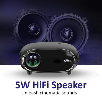 Otek World Smart FHD Projector combining modern design, Bluetooth connectivity, and 4K support for any setting.