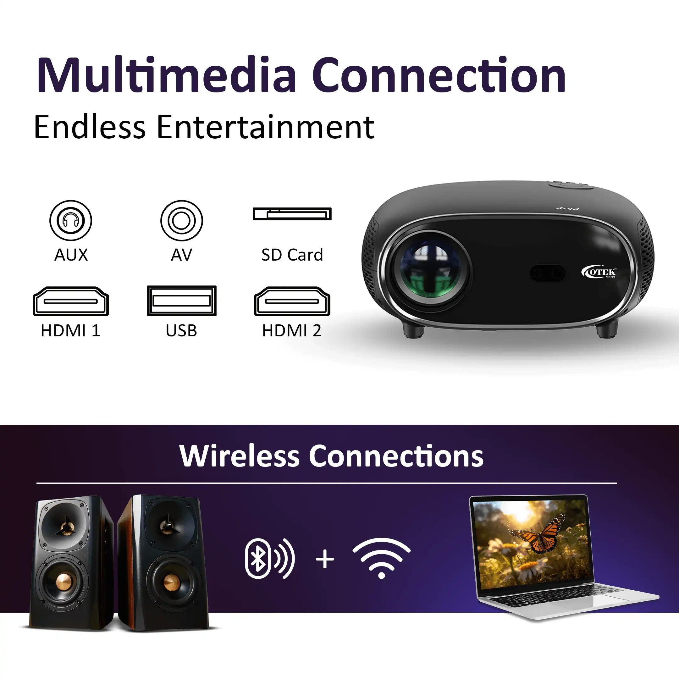 Otek World Play Smart FHD Projector in black, delivering sharp 1080P visuals and seamless 4K support for all your entertainment needs.