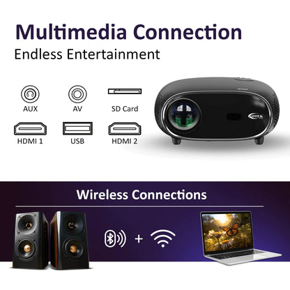 Otek World Play Smart FHD Projector in black, delivering sharp 1080P visuals and seamless 4K support for all your entertainment needs.