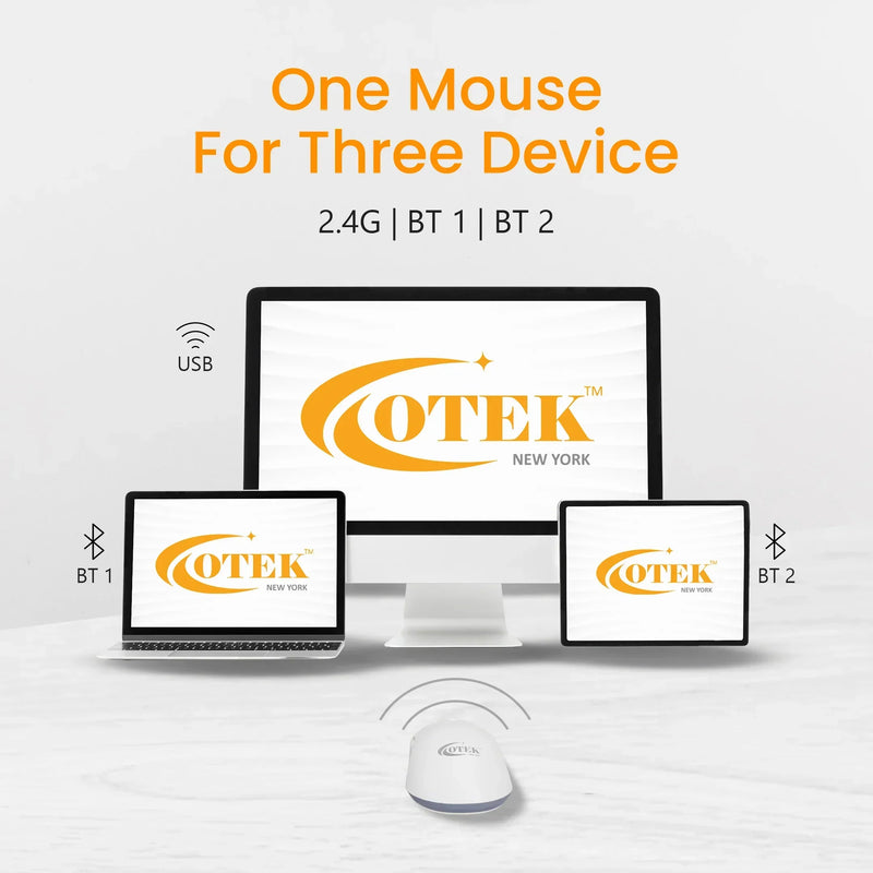 Wireless multi-device mouse connecting to computer, laptop, and tablet via USB and Bluetooth.