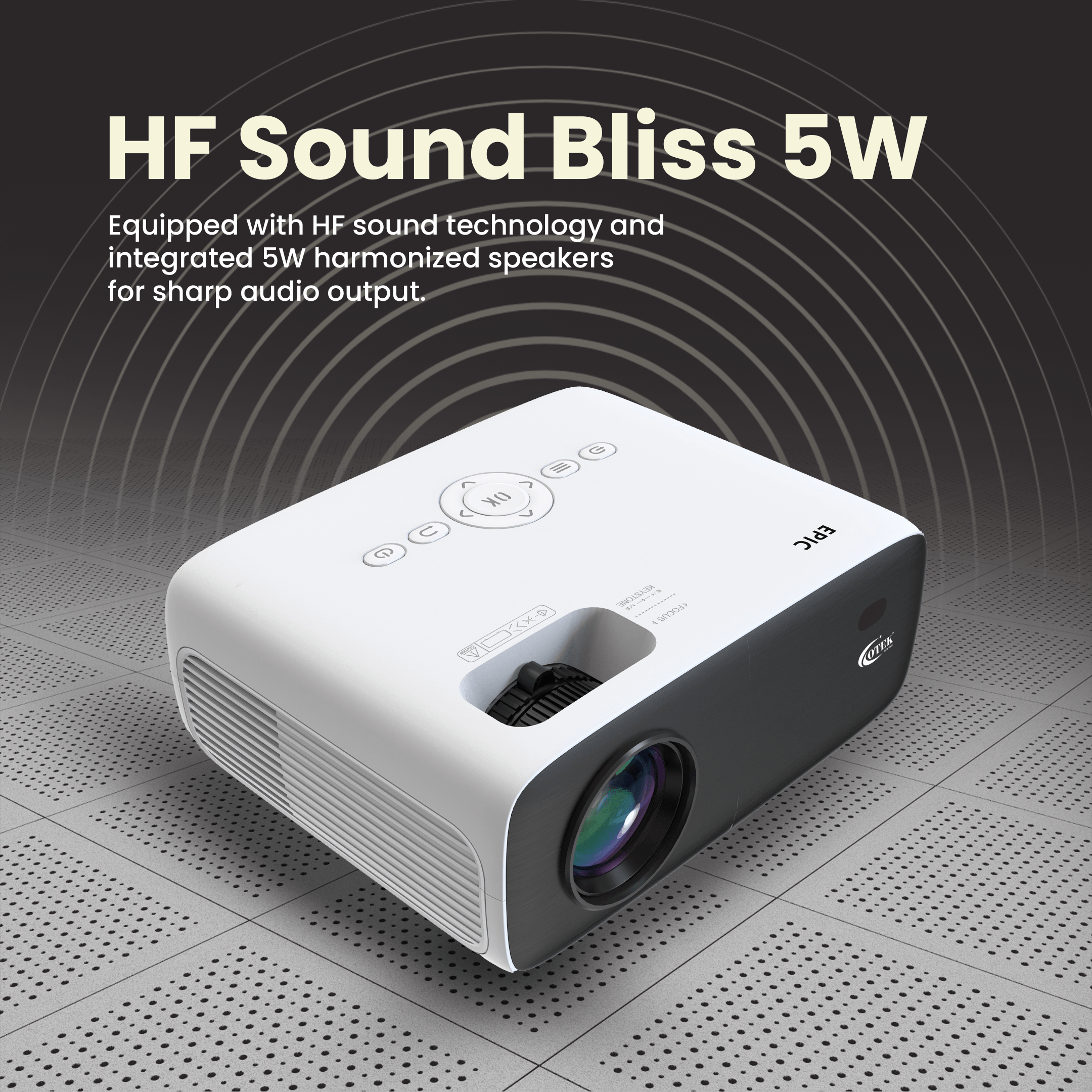 Epic Smart FHD Projector featuring Auto Keystone and Auto Focus for hassle-free setup and viewing.