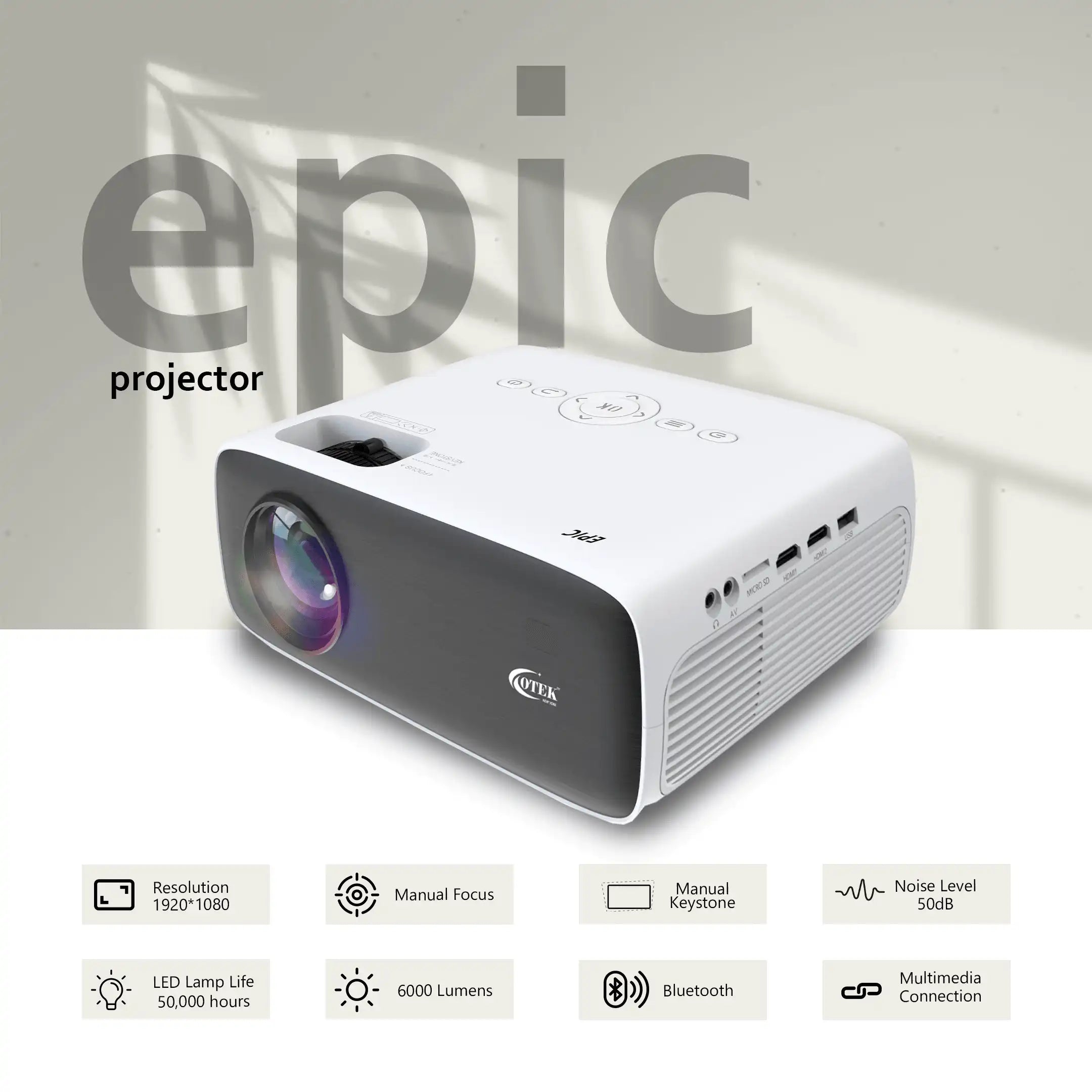 Otek World Smart Projector featuring Bluetooth 5.3, dual HDMI, and USB ports for seamless connectivity.