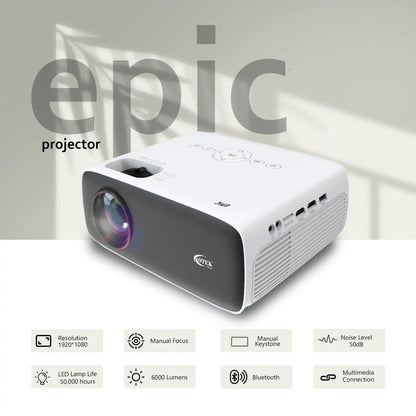 Otek World Smart Projector featuring Bluetooth 5.3, dual HDMI, and USB ports for seamless connectivity.