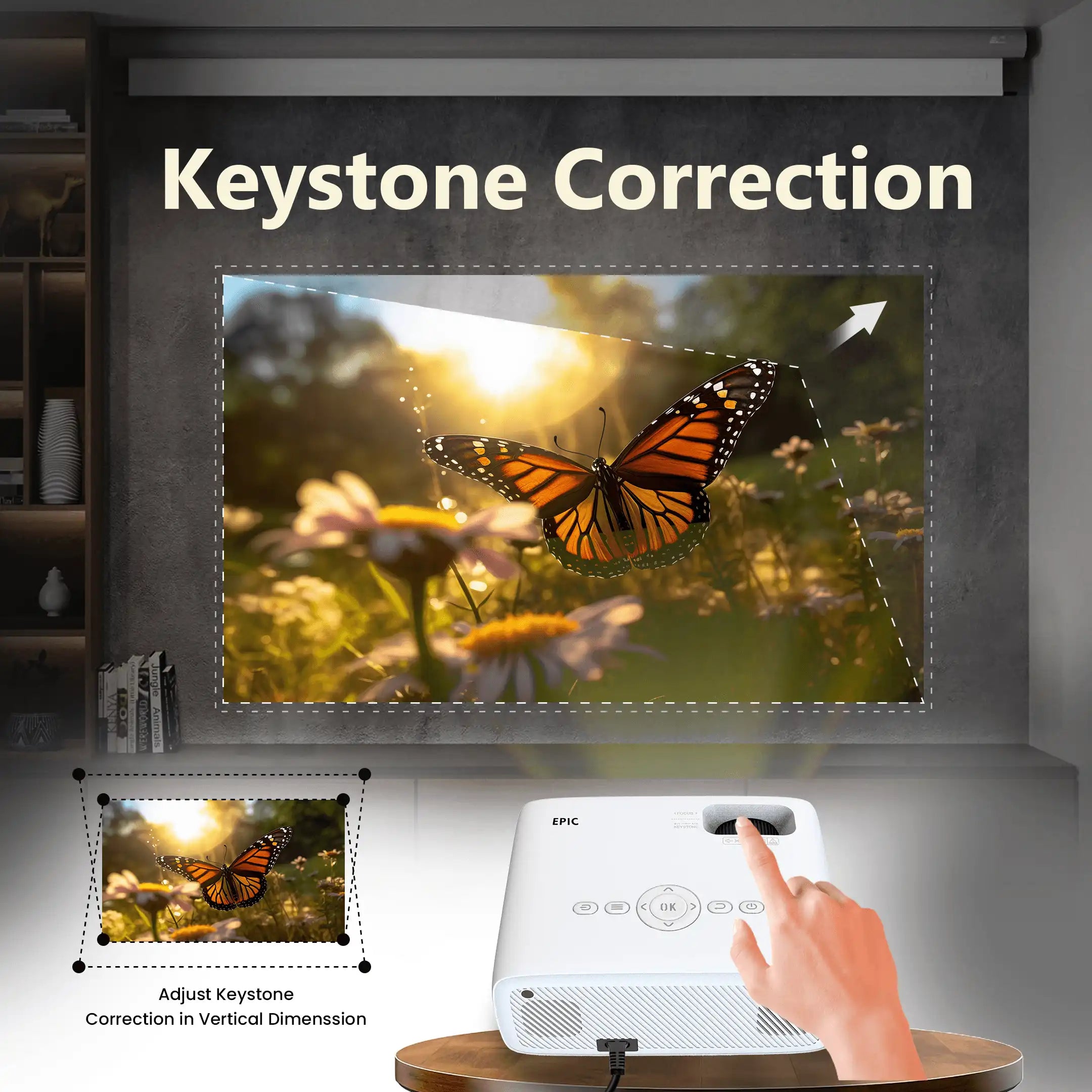 Epic Smart FHD Projector with 50,000-hour LED lamp and 5W speakers for immersive home entertainment.